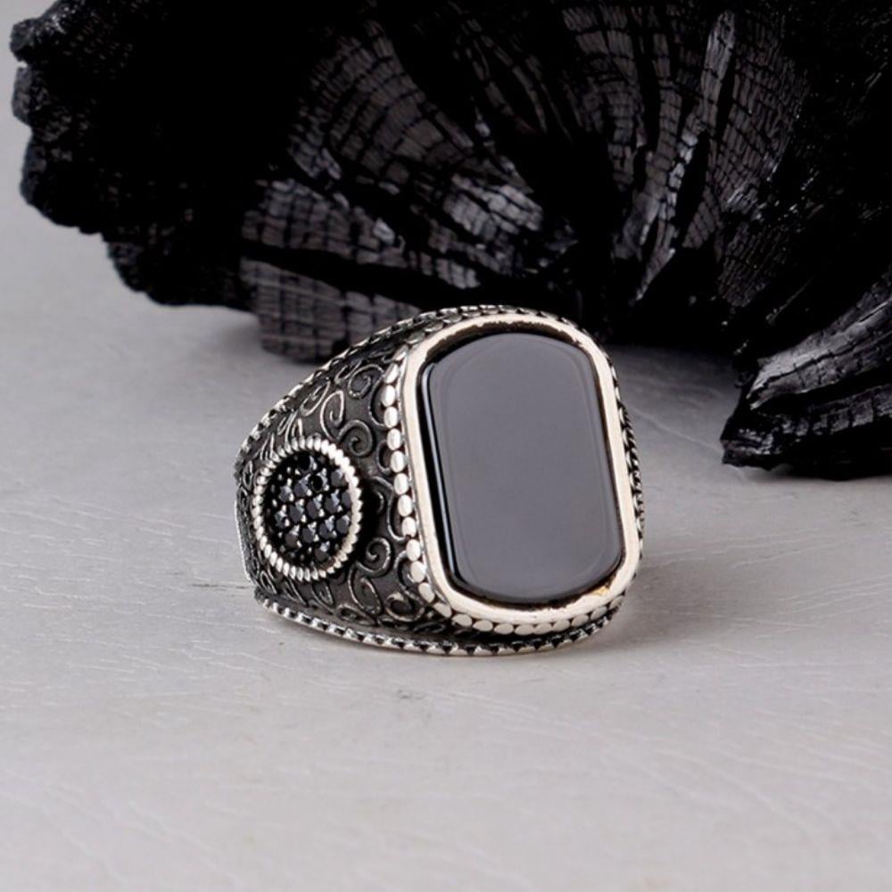 925 Ayar Oniks Taşlı Gümüş Erkek YüzükOnyx Stone Ring