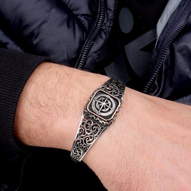 925 Ayar Pusula Model Otantik Motif Gümüş BileklikErkek Bileklik