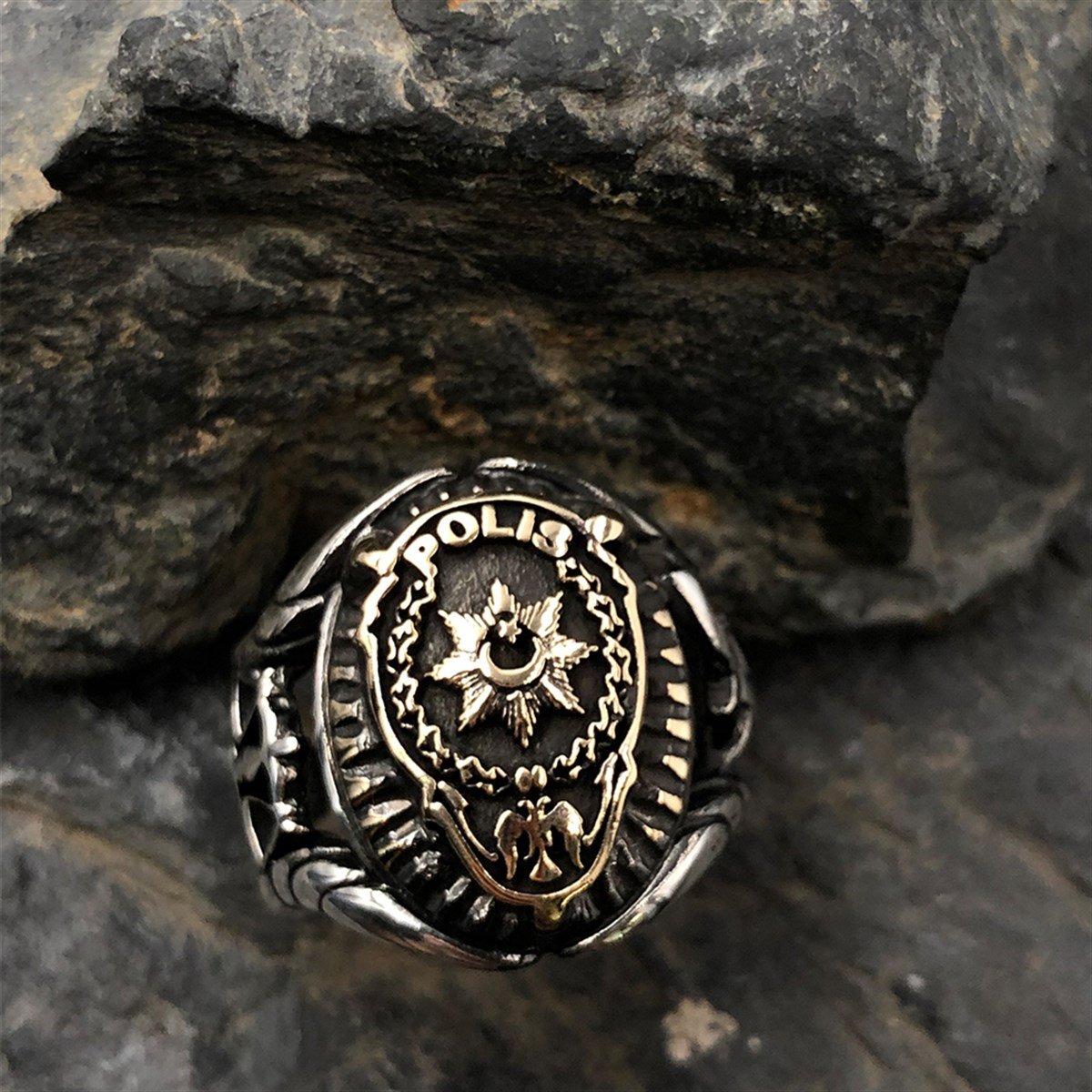 Adalet Terazisi İşlemeli Gümüş Polis Yüzüğü