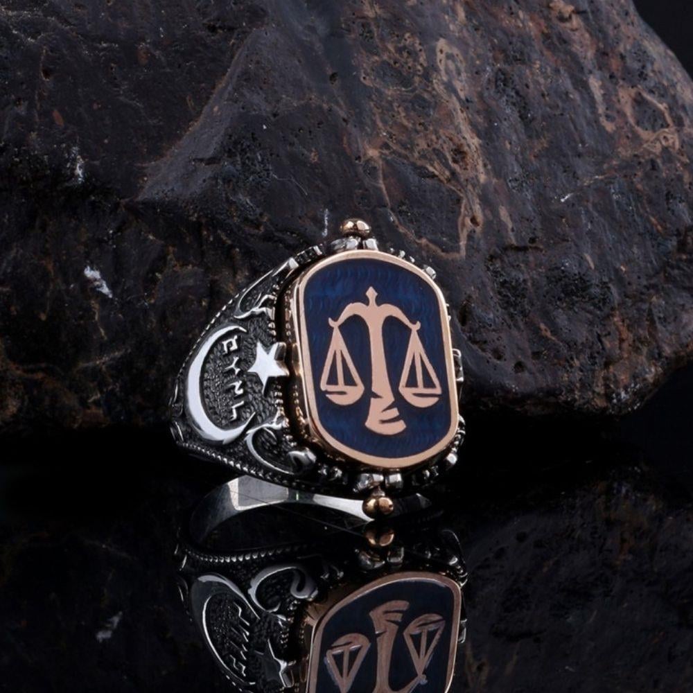 Adalet Terazisi Türk Bayrağı Çift Taraflı Gümüş Yüzük 