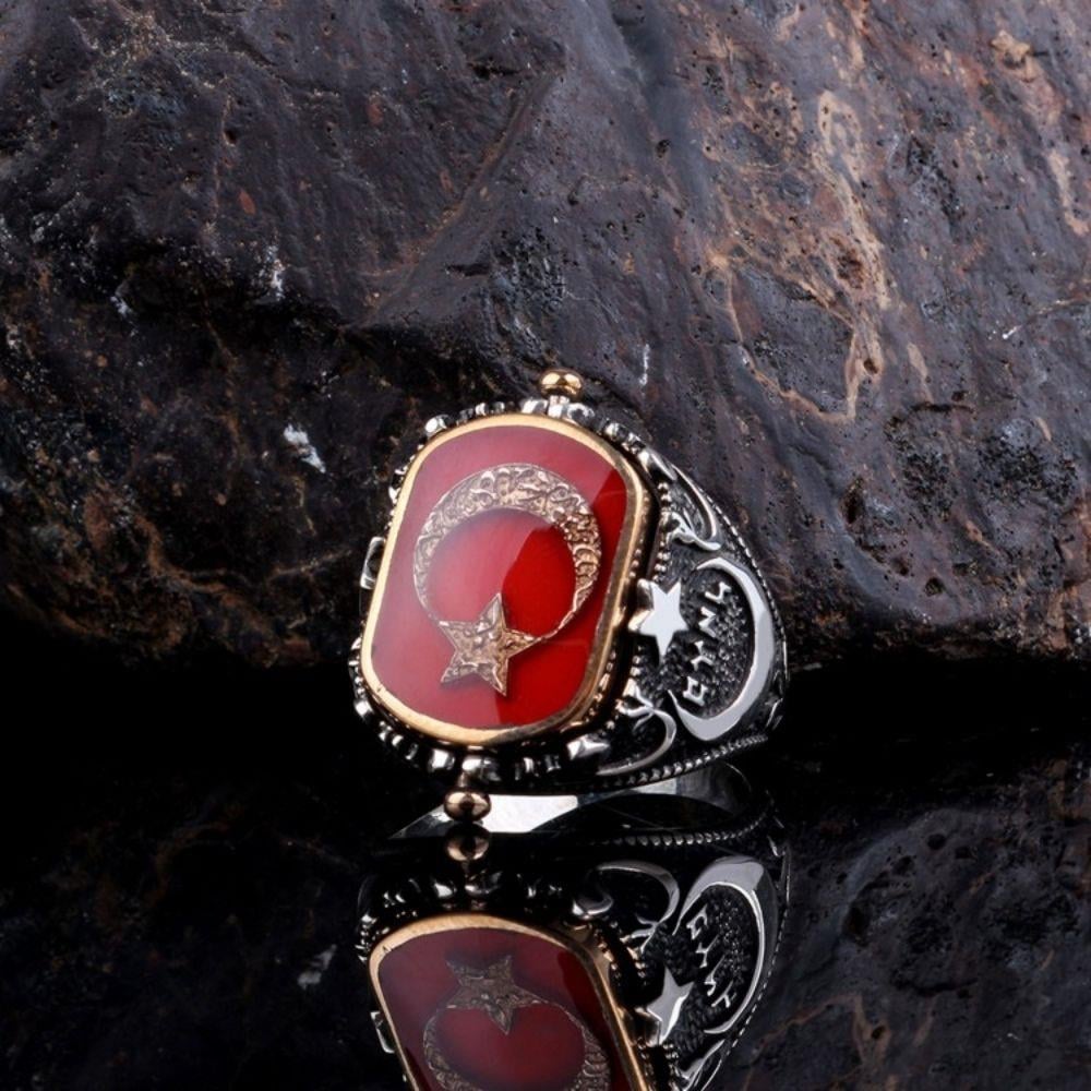 Adalet Terazisi Türk Bayrağı Çift Taraflı Gümüş Yüzük 