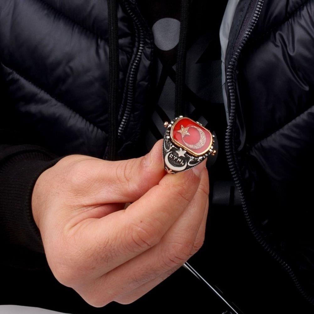 Adalet Terazisi Türk Bayrağı Çift Taraflı Gümüş Yüzük 