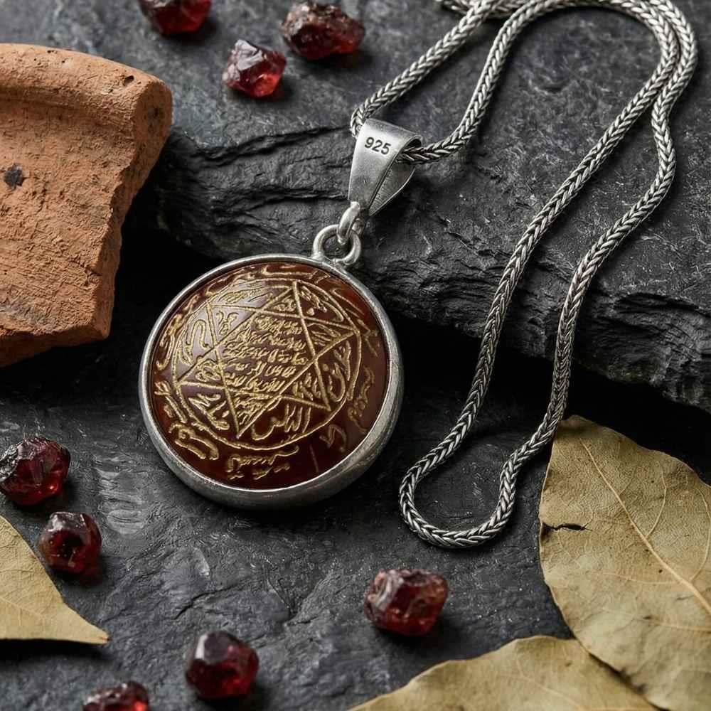 Akik Taş Üzeri Süleyman Mührü Sıvama Gümüş KolyeSüleyman Mührü Kolye