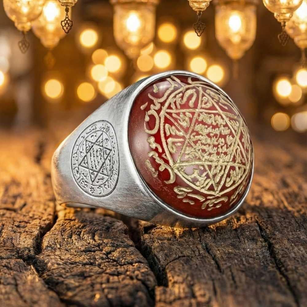Akik Taş Üzeri Süleyman Mührü Sıvama Gümüş YüzükSüleyman Mührü Yüzükler