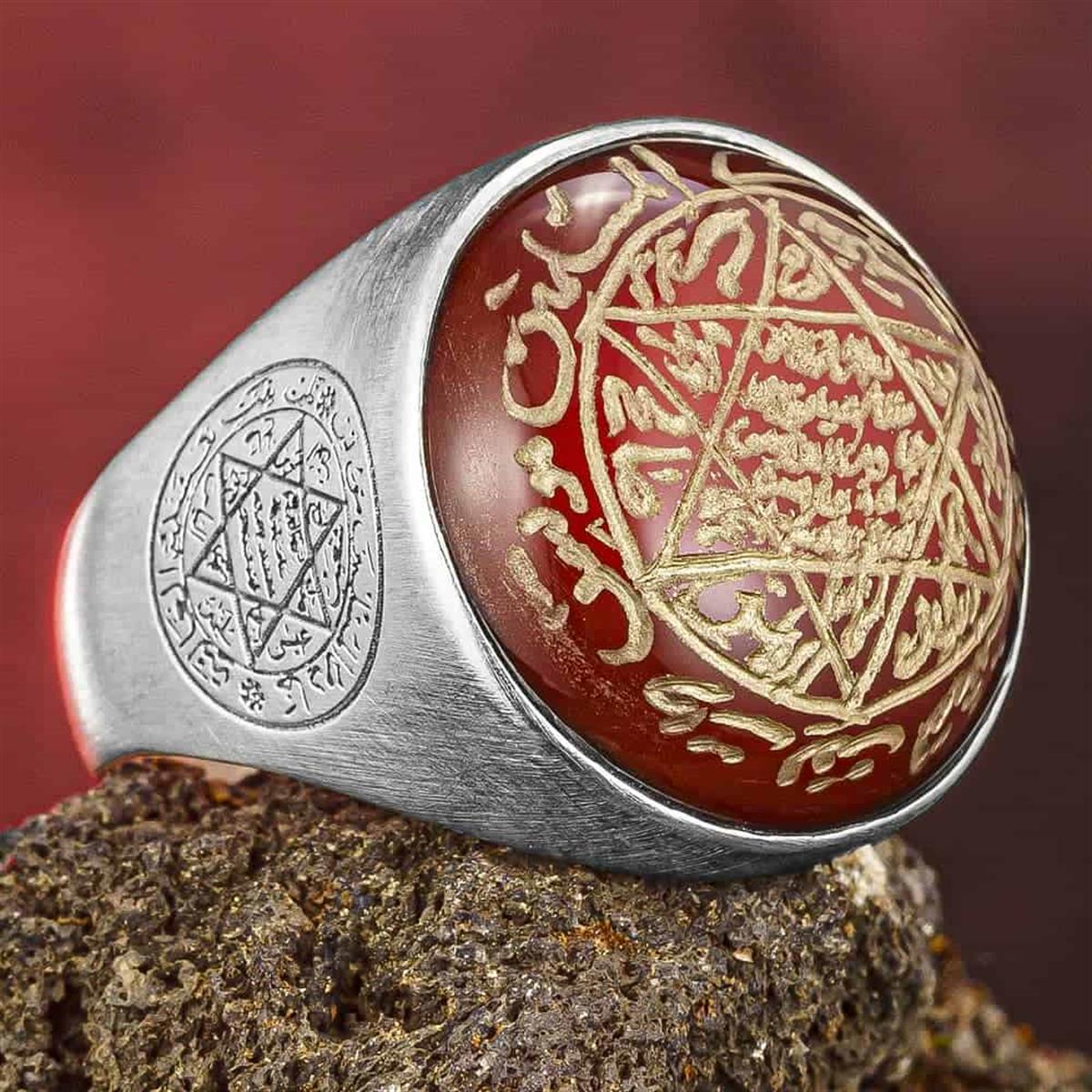 Akik Taş Üzeri Süleyman Mührü Sıvama Gümüş Yüzük