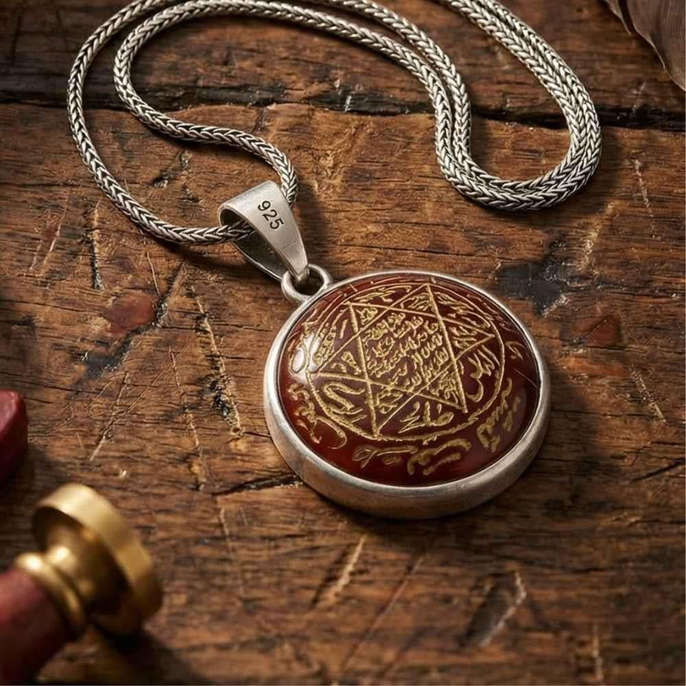 Akik Taş Üzeri Süleyman Mührü Sıvama Gümüş KolyeSüleyman Mührü Kolye