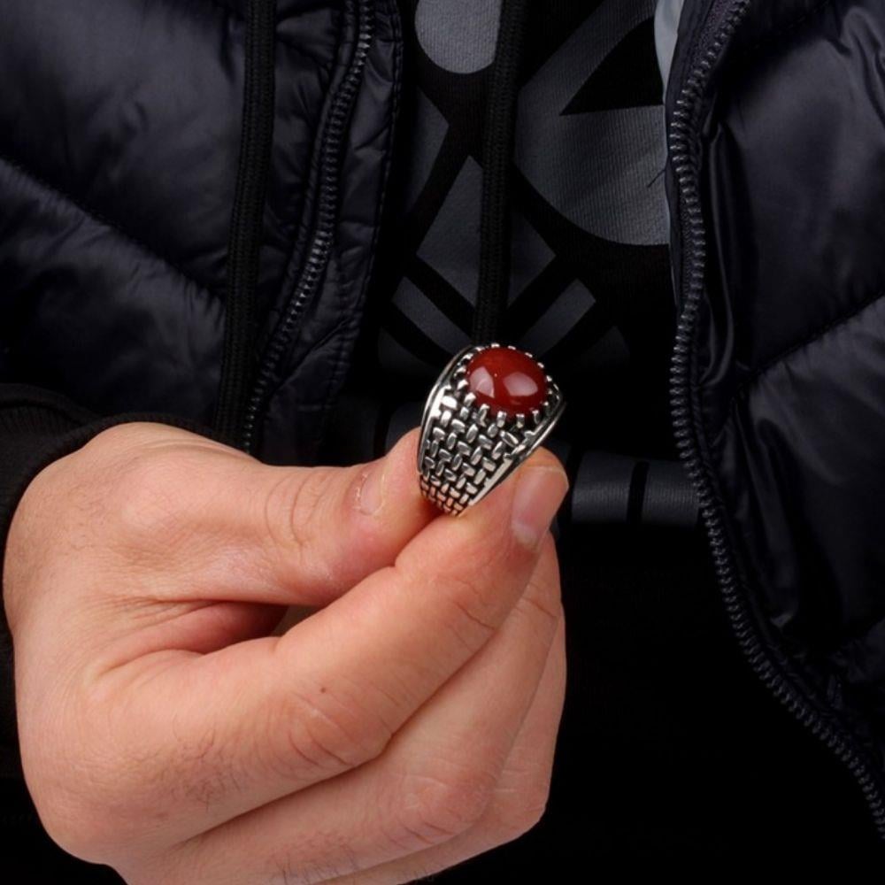 Akik Taşlı Örgü Model 925 Ayar Gümüş Erkek Yüzük