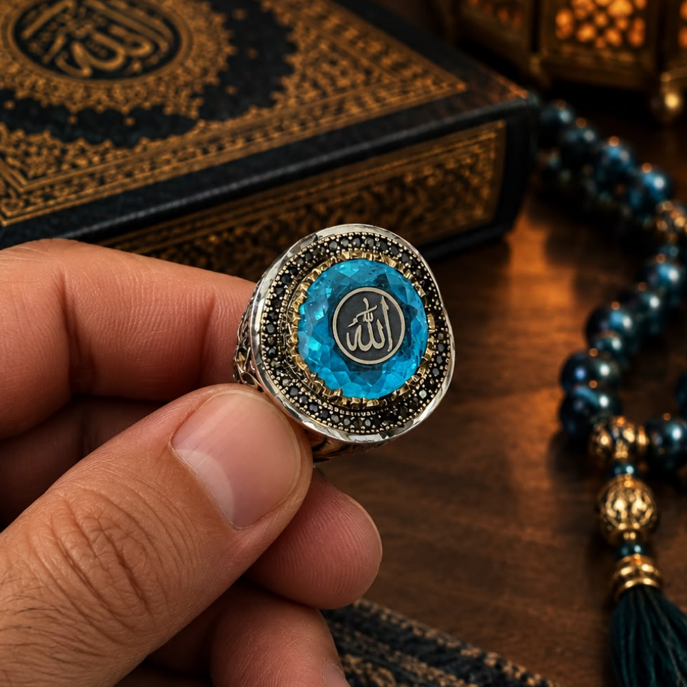Allah Yazılı Aqua Marine Taşlı Gümüş YüzükIslamic Rings