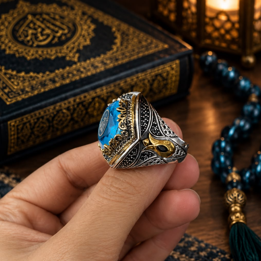 Allah Yazılı Aqua Marine Taşlı Gümüş YüzükIslamic Rings