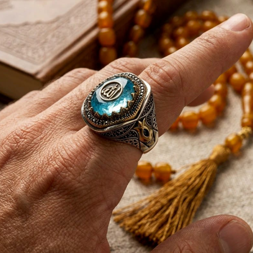 Allah Yazılı Aqua Marine Taşlı Gümüş YüzükIslamic Rings