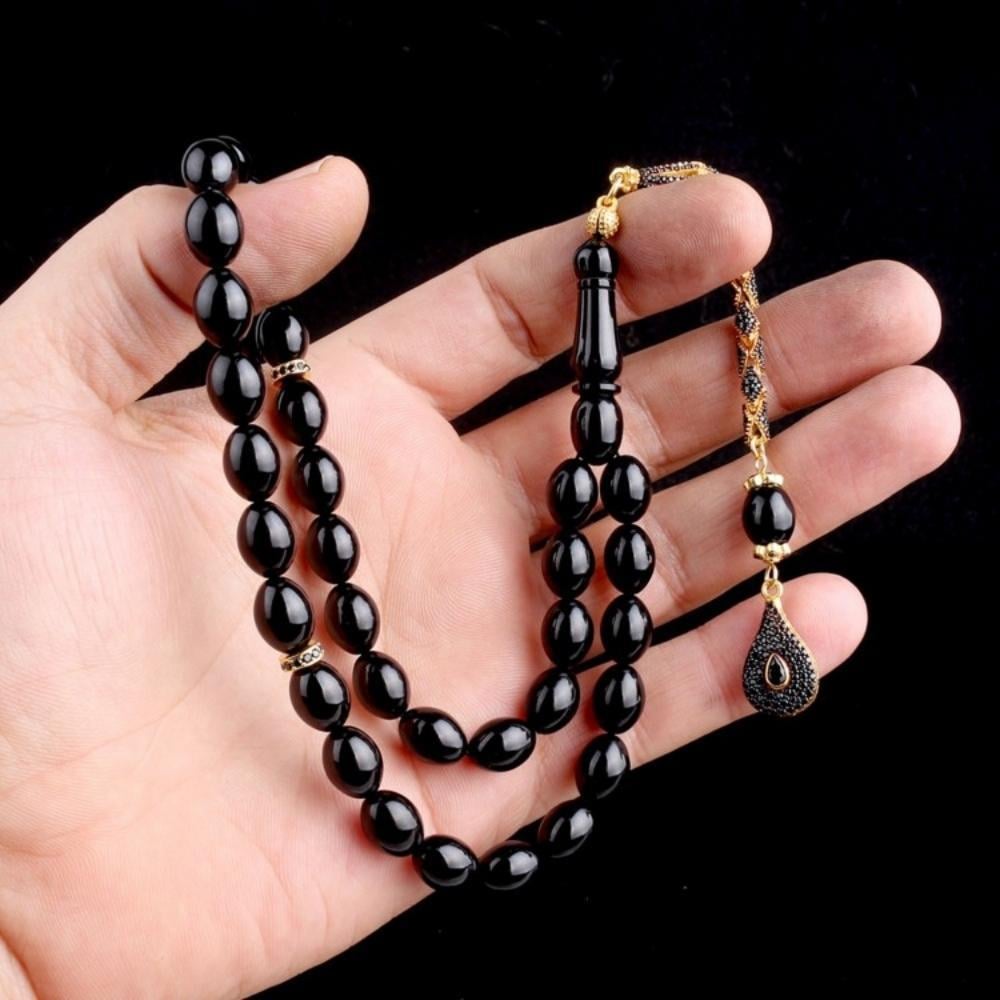 Altın Kaplama Gümüş Püsküllü Siyah Ateş Kehribar TesbihAteş Kehribar Tesbih