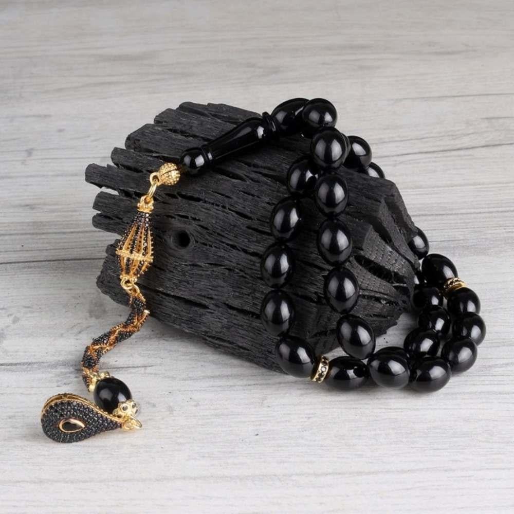 Altın Kaplama Gümüş Püsküllü Siyah Ateş Kehribar TesbihAteş Kehribar Tesbih