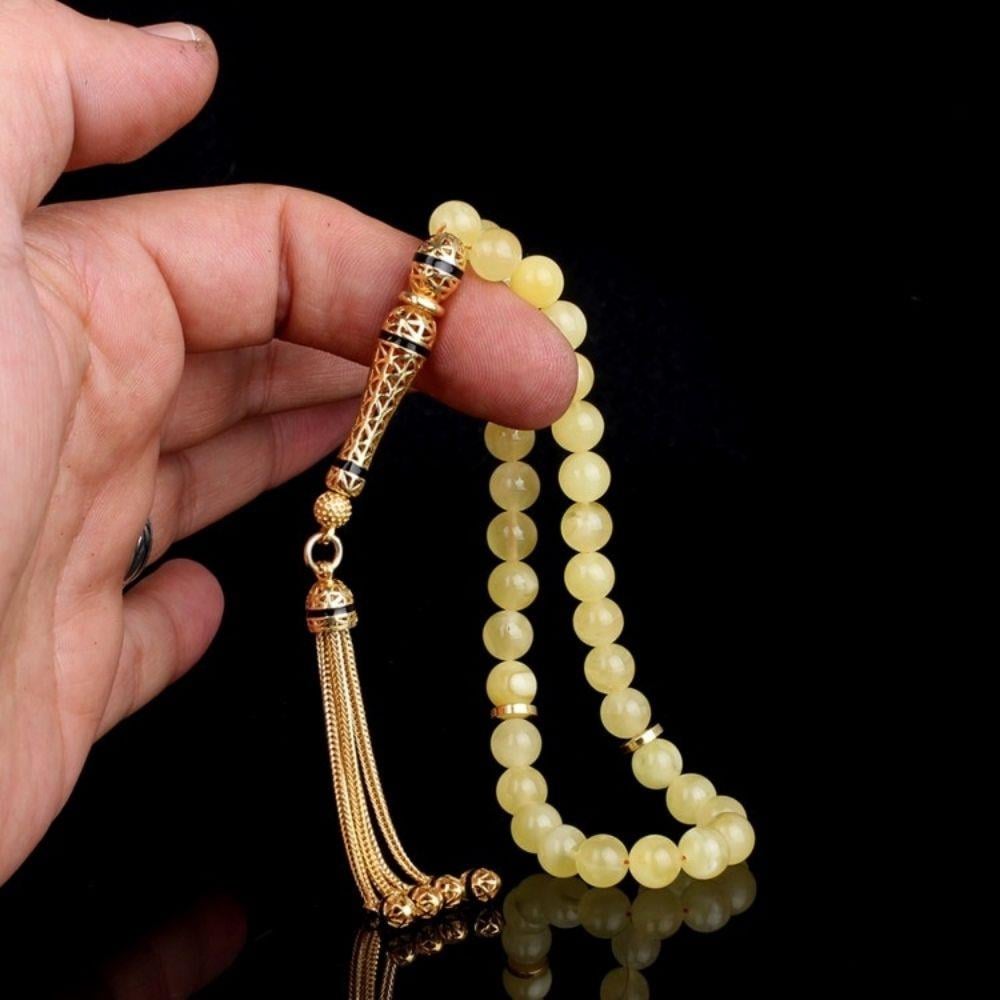 Altın Kaplama Gümüş Set Püsküllü Damla Kehribar Tesbih