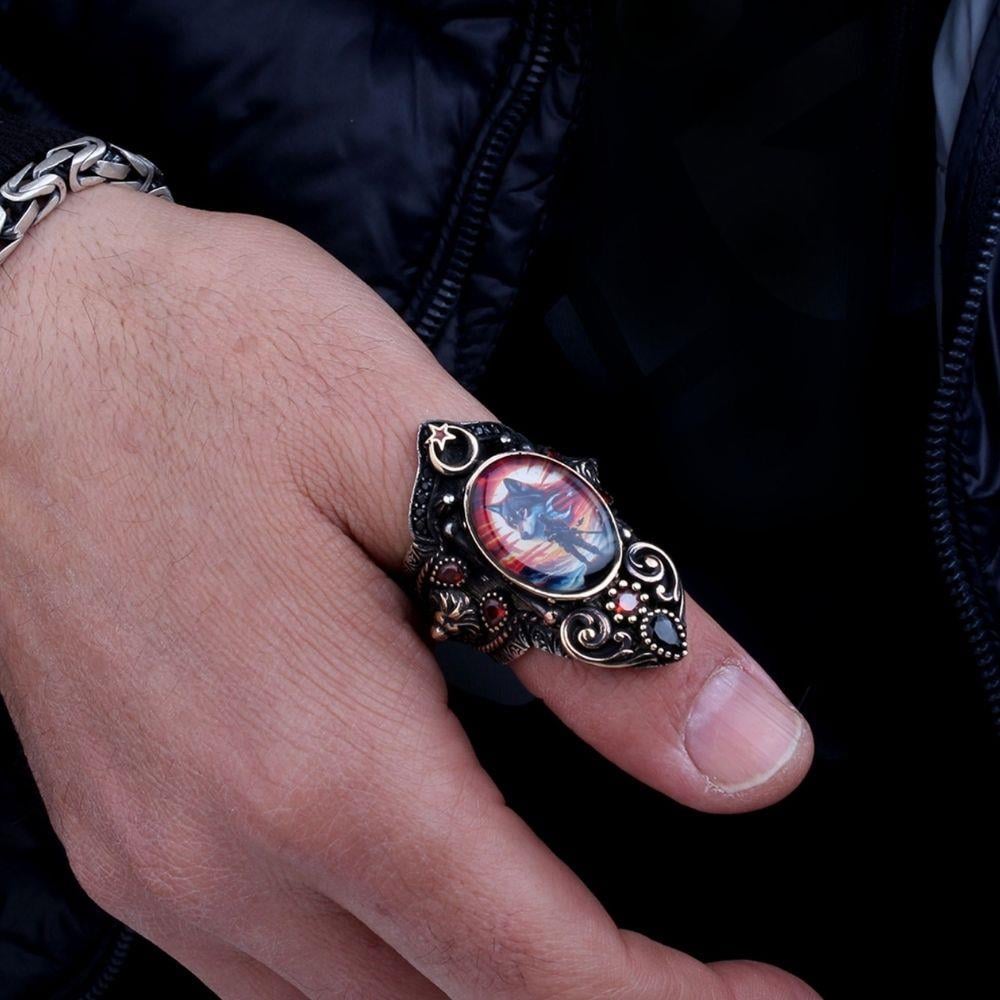 Asker Bozkurt Türk Bayrağı İşlemeli Gümüş Zihgir YüzükBaşparmak & Zihgir Yüzükleri