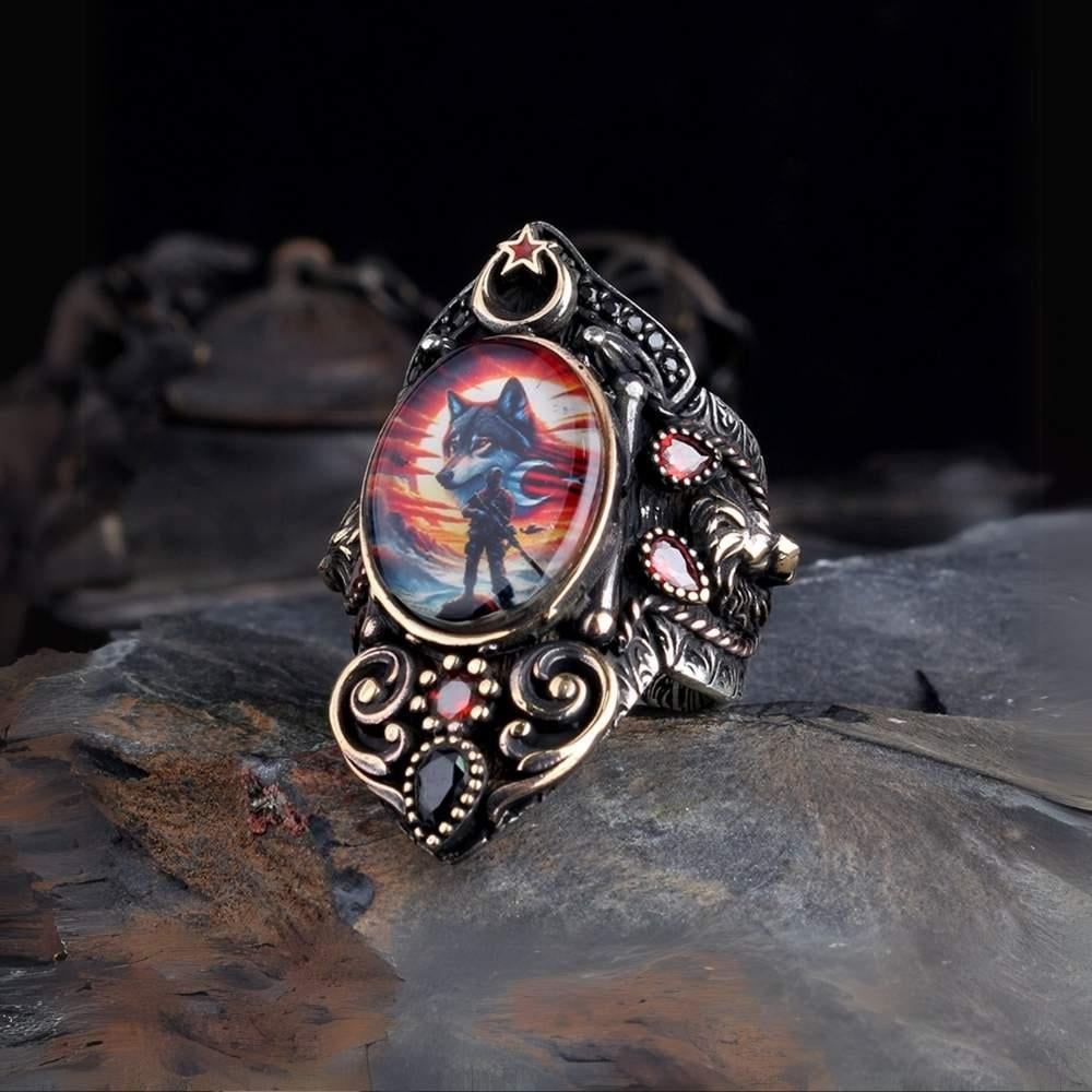 Asker Bozkurt Türk Bayrağı İşlemeli Gümüş Zihgir YüzükBaşparmak & Zihgir Yüzükleri