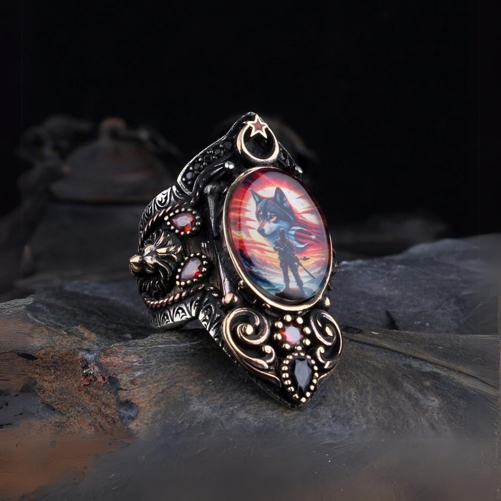 Asker Bozkurt Türk Bayrağı İşlemeli Gümüş Zihgir YüzükBaşparmak & Zihgir Yüzükleri