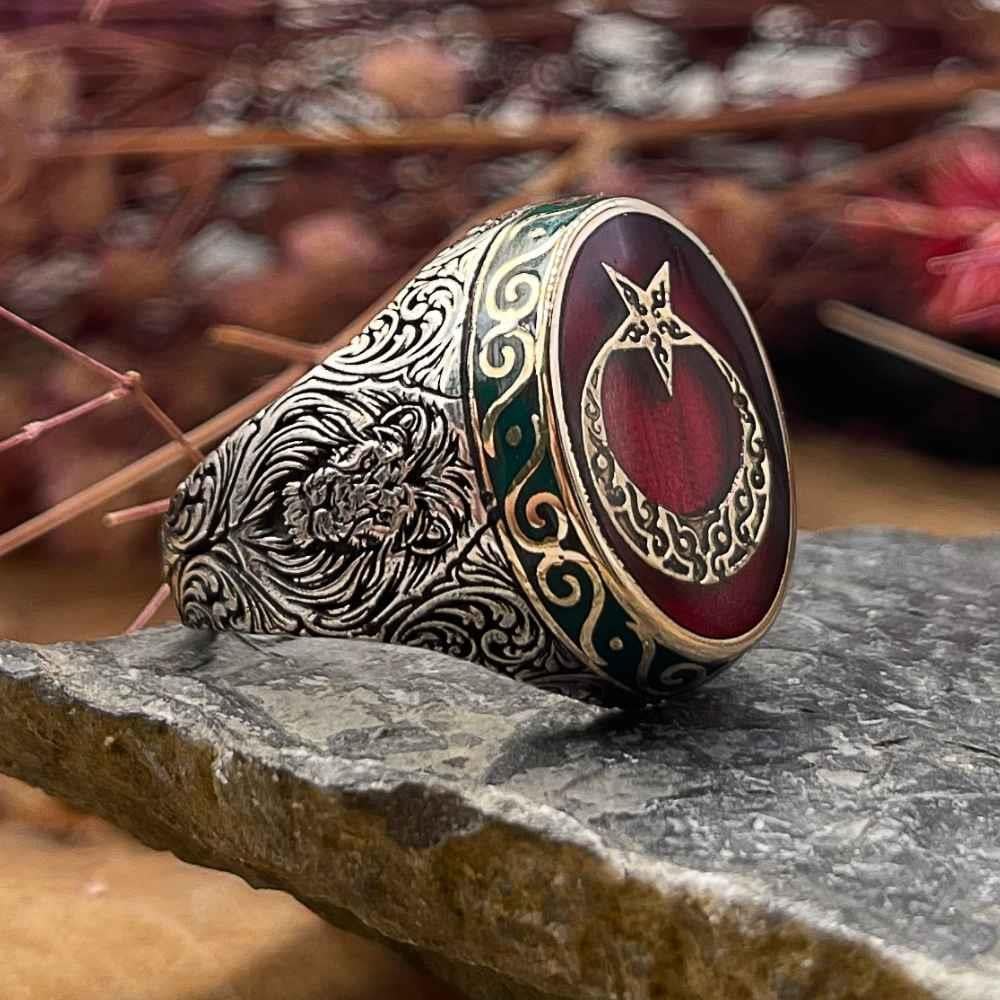Aslan İşlemeli Ay Yıldız Gümüş Erkek YüzükAy Yıldız Yüzükler