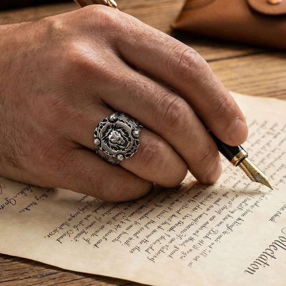 Lion Embroidered Edge Motif Sterling Silver RingPlain Ring