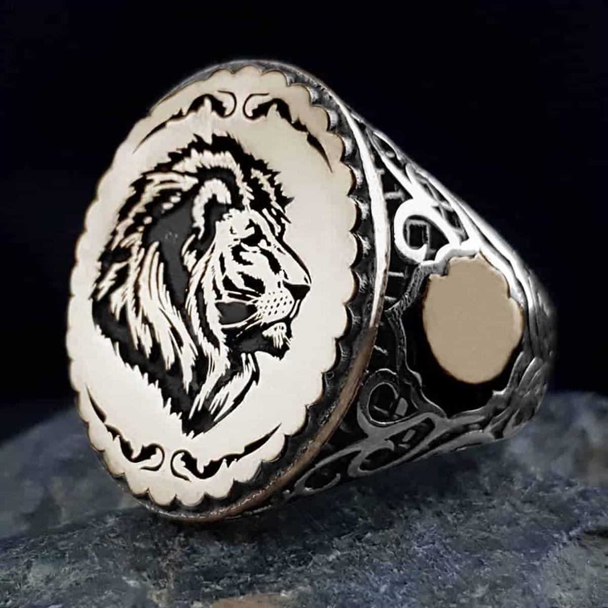 Aslan Kafası Motifli Kenar İşlemeli Gümüş Yüzük