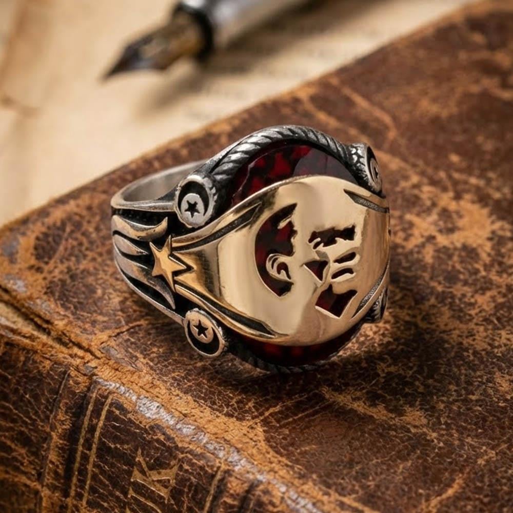 Atatürk Silüetli Kırmızı Zirkon Taşlı Gümüş Erkek YüzükAtatürk Yüzükleri