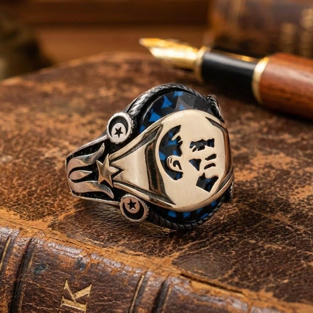 Atatürk Silüetli Mavi Zirkon Taşlı Gümüş Erkek YüzükAtatürk Yüzükleri