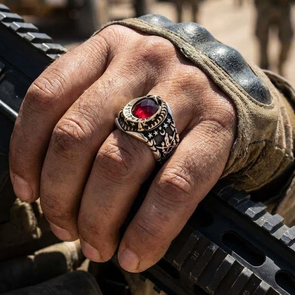 Ay Yıldız Astsubay İşlemeli Erkek Gümüş YüzükAstsubay Yüzükleri