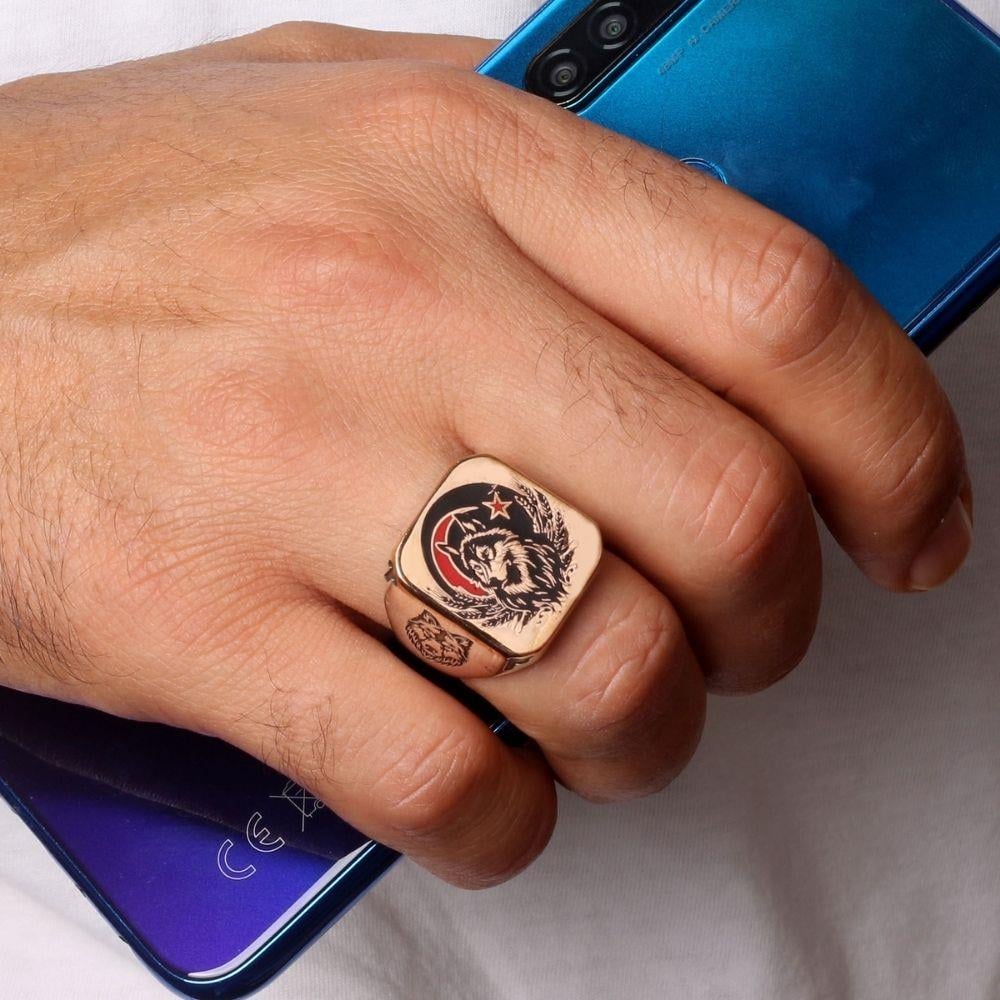 Ay Yıldız Bozkurt İşlemeli Gold Gümüş Yüzük