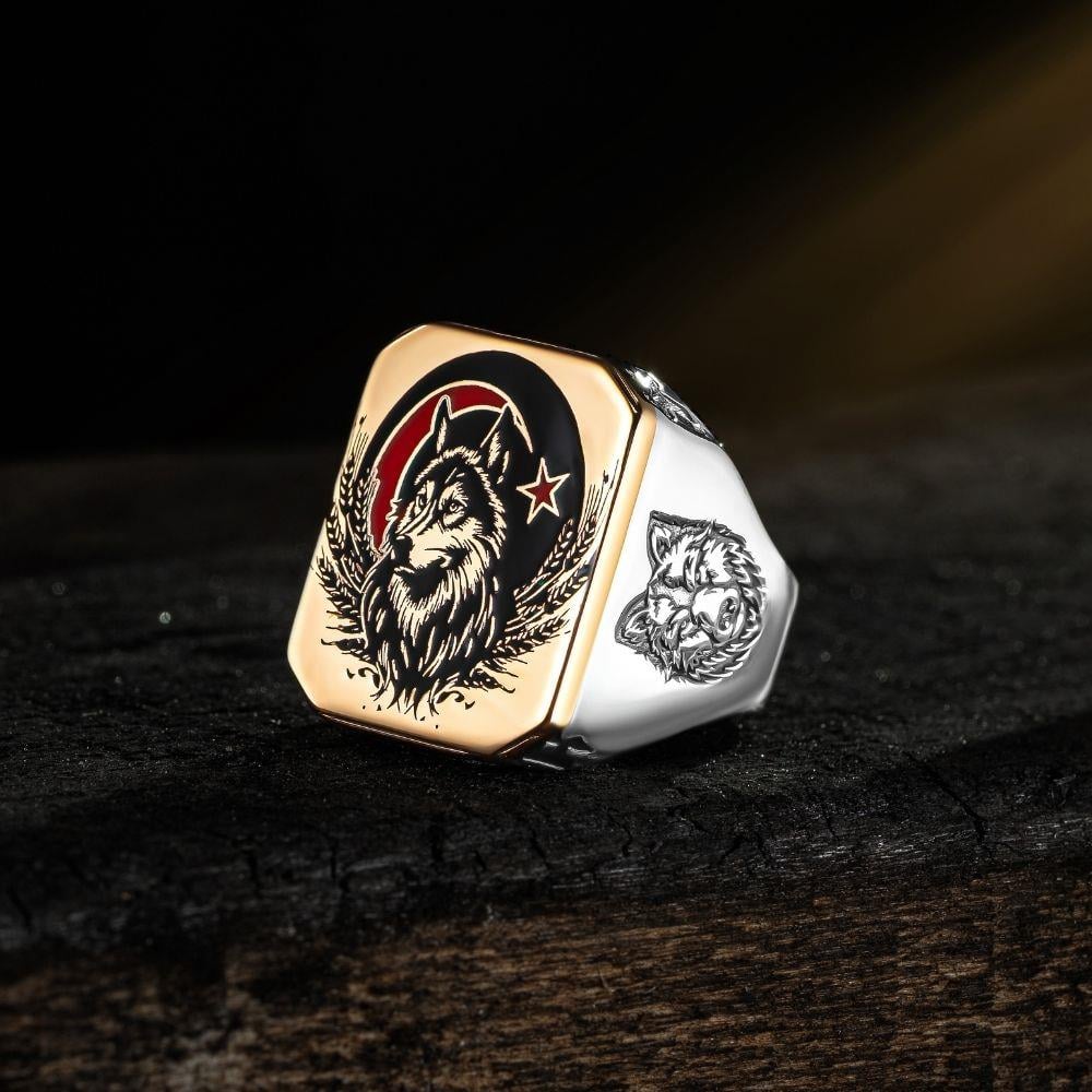 Ay Yıldız Bozkurt İşlemeli Gold Gümüş Yüzük