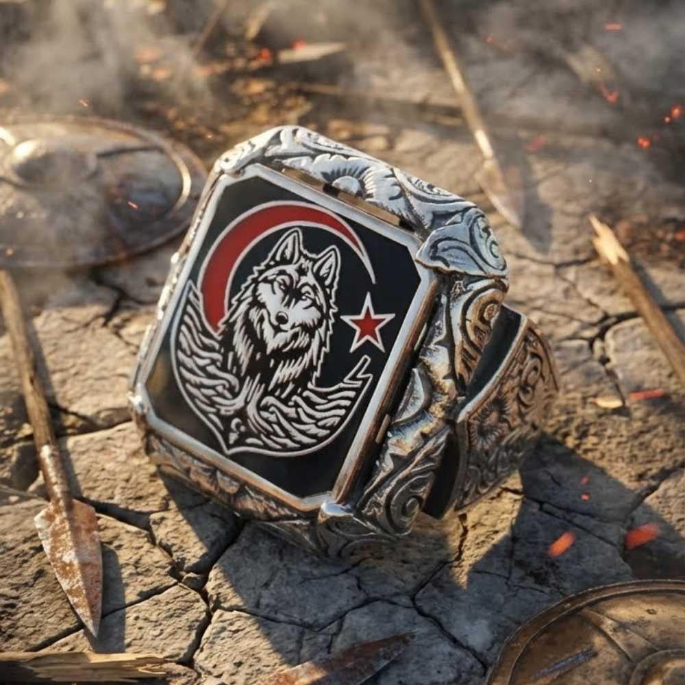 Ay Yıldız Bozkurt Kalem İşlemeli Gümüş YüzükAy Yıldız Yüzükler