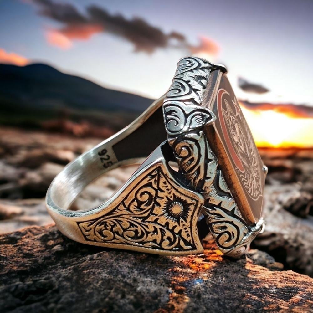 Ay Yıldız Bozkurt Kalem İşlemeli Gümüş Yüzük