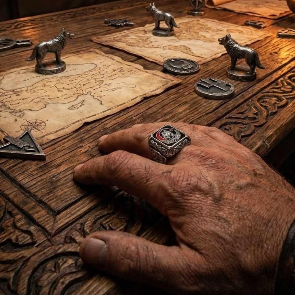 Ay Yıldız Bozkurt Kalem İşlemeli Gümüş YüzükAy Yıldız Yüzükler