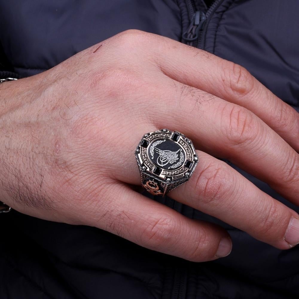 Ay Yıldız Detaylı Osmanlı Tuğra Gümüş YüzükTuğra Yüzük