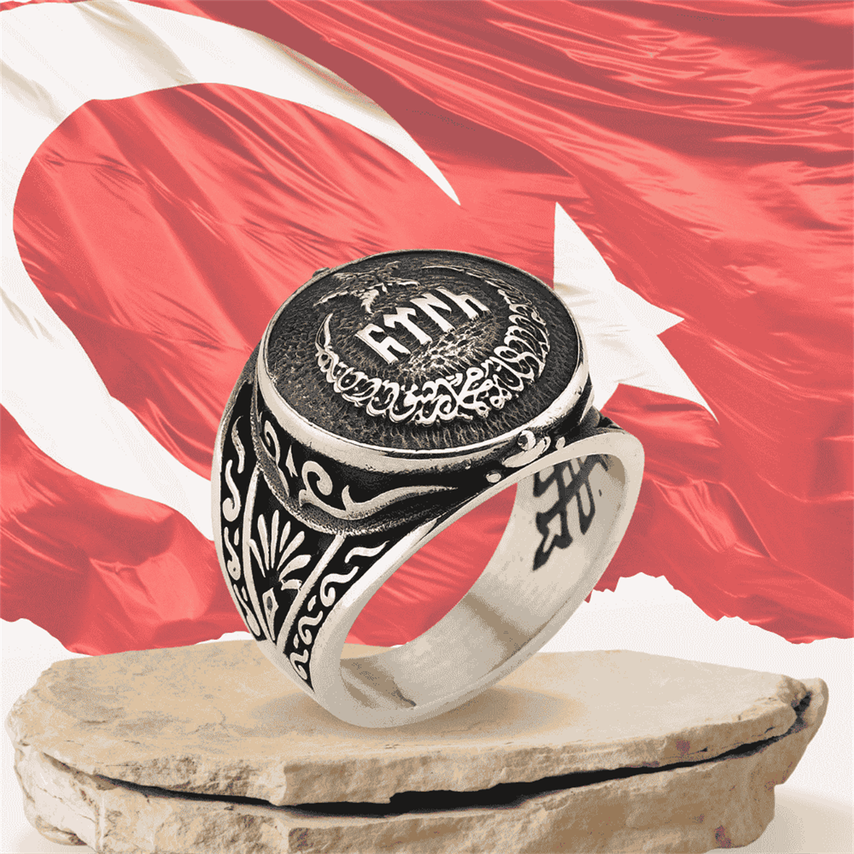 Ay Yıldız Göktürkçe Türk Bombeli Gümüş Erkek Yüzük