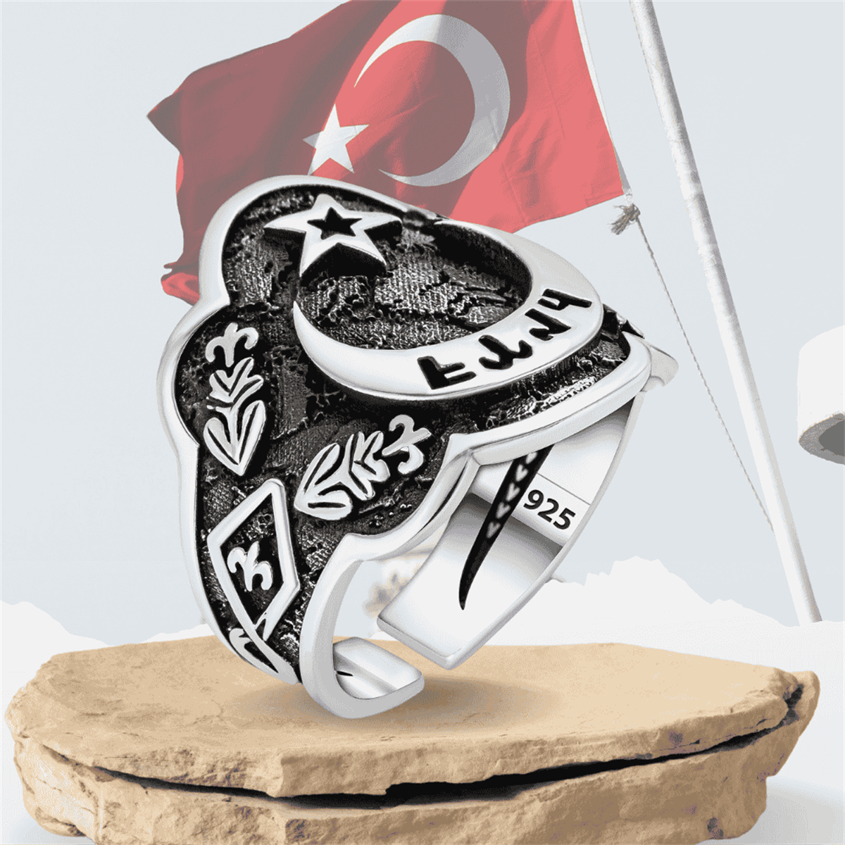 Ay Yıldız Göktürkçe Türk İşlemeli Zihgir Gümüş Erkek Yüzük