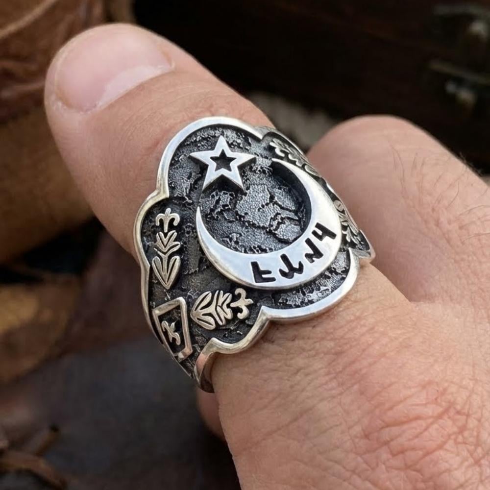 Ay Yıldız Göktürkçe Türk İşlemeli Zihgir Gümüş Erkek YüzükBaşparmak & Zihgir Yüzükleri