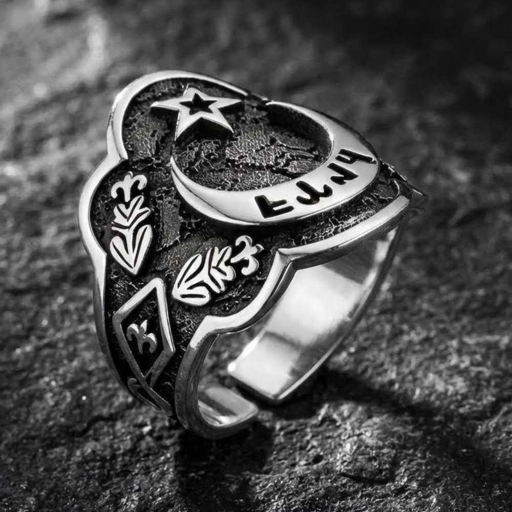 Ay Yıldız Göktürkçe Türk İşlemeli Zihgir Gümüş Erkek YüzükBaşparmak & Zihgir Yüzükleri