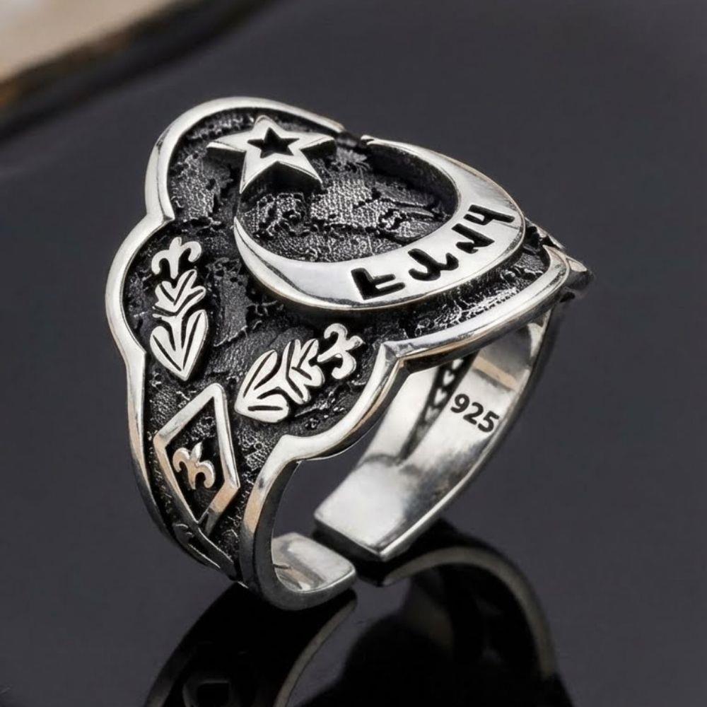 Ay Yıldız Göktürkçe Türk İşlemeli Zihgir Gümüş Erkek YüzükBaşparmak & Zihgir Yüzükleri