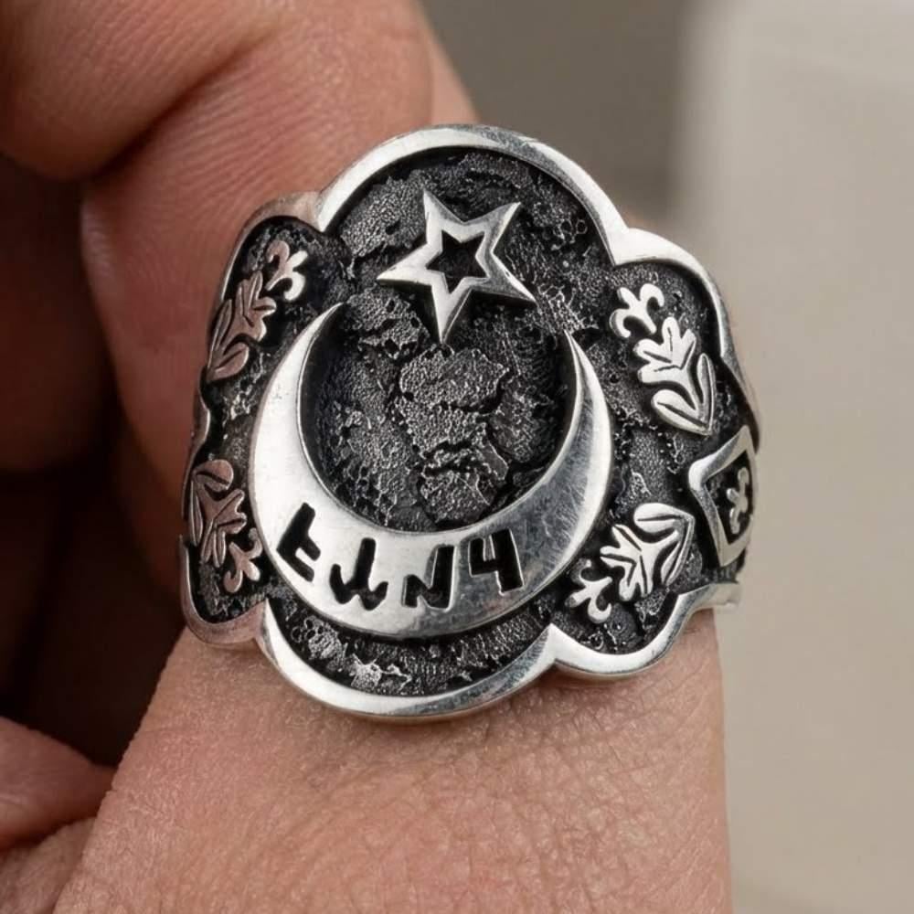 Ay Yıldız Göktürkçe Türk İşlemeli Zihgir Gümüş Erkek YüzükBaşparmak & Zihgir Yüzükleri