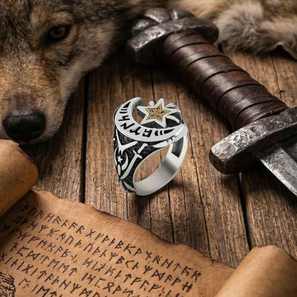 Ay Yıldız Göktürkçe Türk Yazılı Gümüş Erkek YüzükAy Yıldız Yüzükler