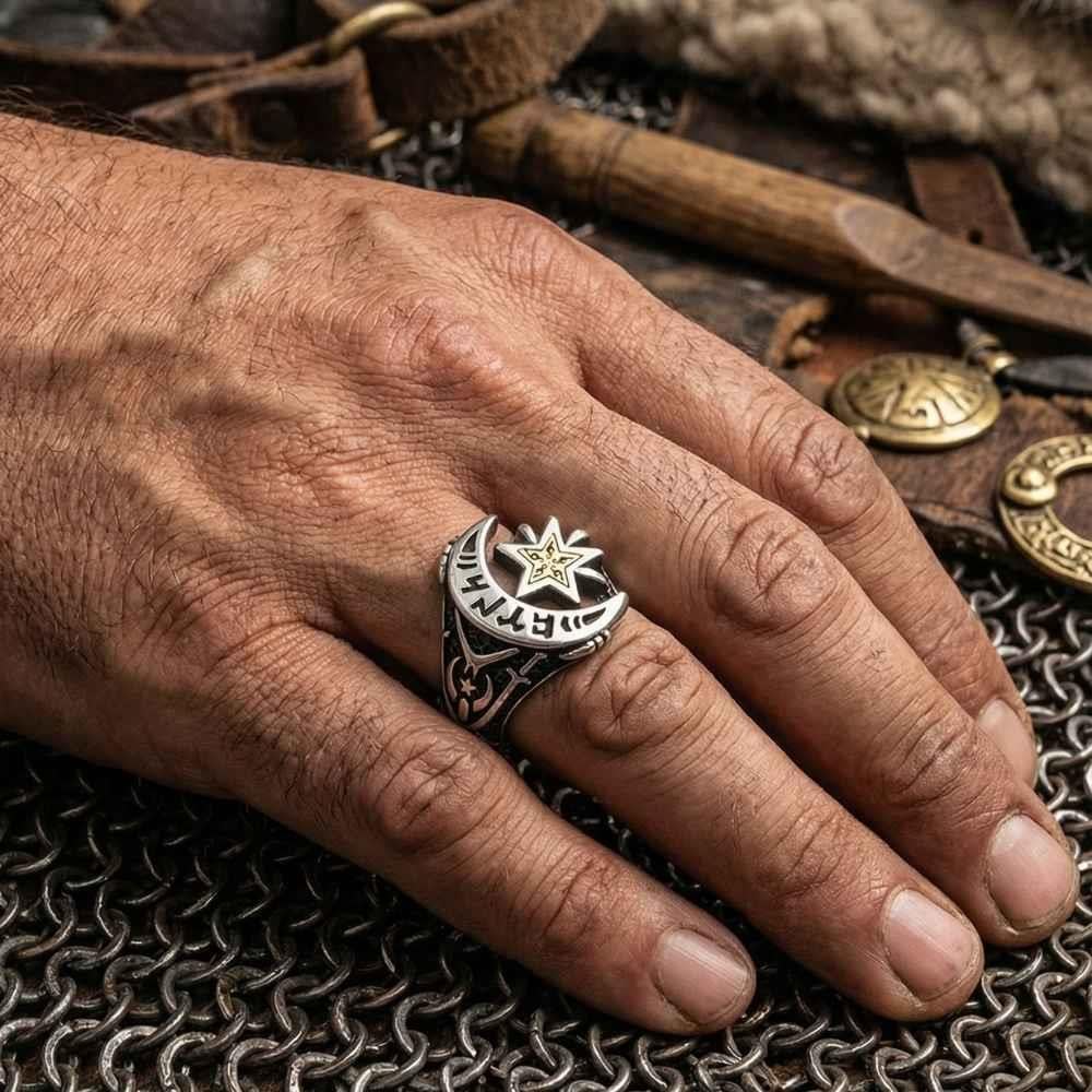 Ay Yıldız Göktürkçe Türk Yazılı Gümüş Erkek YüzükAy Yıldız Yüzükler