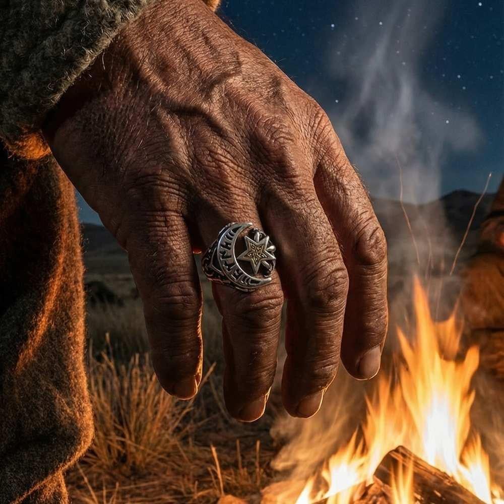 Ay Yıldız Göktürkçe Türk Yazılı Gümüş Erkek YüzükAy Yıldız Yüzükler