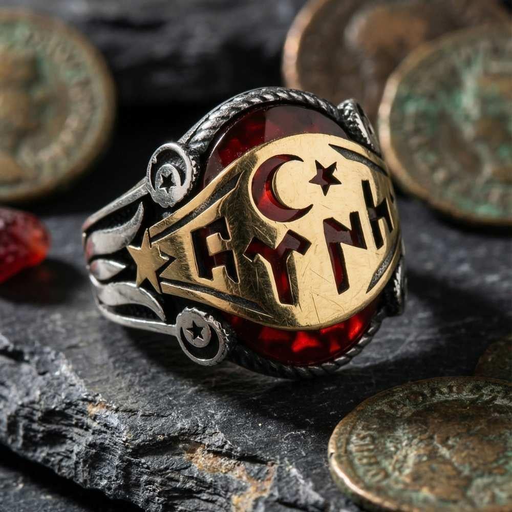 Ay Yıldız Göktürkçe Türk Yazılı Kırmızı Taşlı Gümüş YüzükGöktürkçe Türk Yazılı Yüzükler