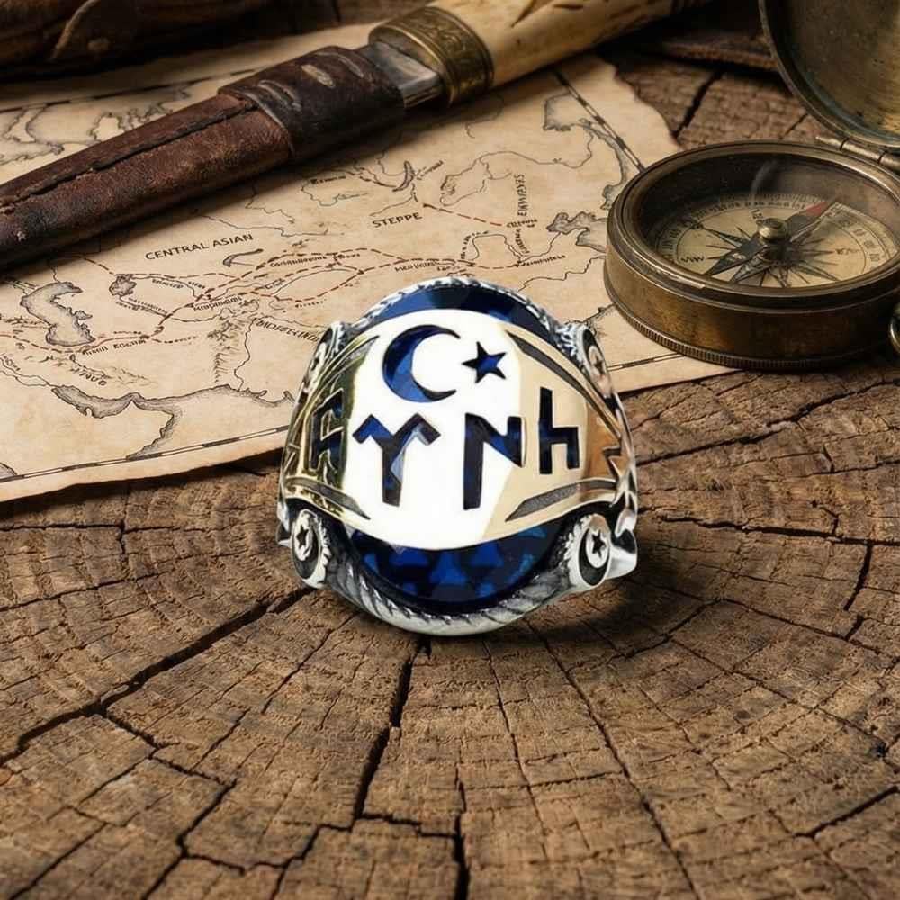Ay Yıldız Göktürkçe Türk Yazılı Mavi Taşlı Gümüş YüzükGöktürkçe Türk Yazılı Yüzükler