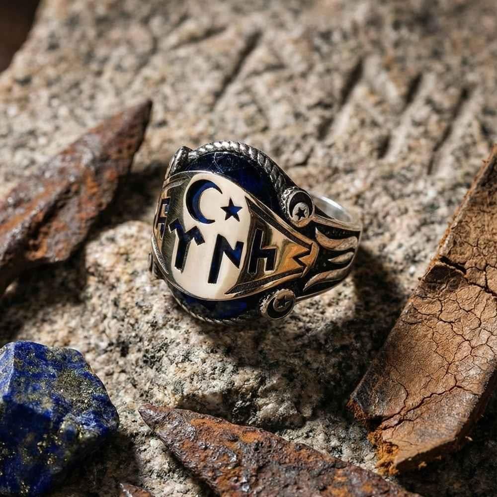 Ay Yıldız Göktürkçe Türk Yazılı Mavi Taşlı Gümüş YüzükGöktürkçe Türk Yazılı Yüzükler