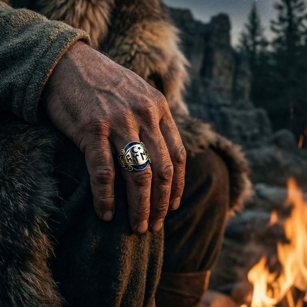 Ay Yıldız Göktürkçe Türk Yazılı Mavi Taşlı Gümüş YüzükGöktürkçe Türk Yazılı Yüzükler