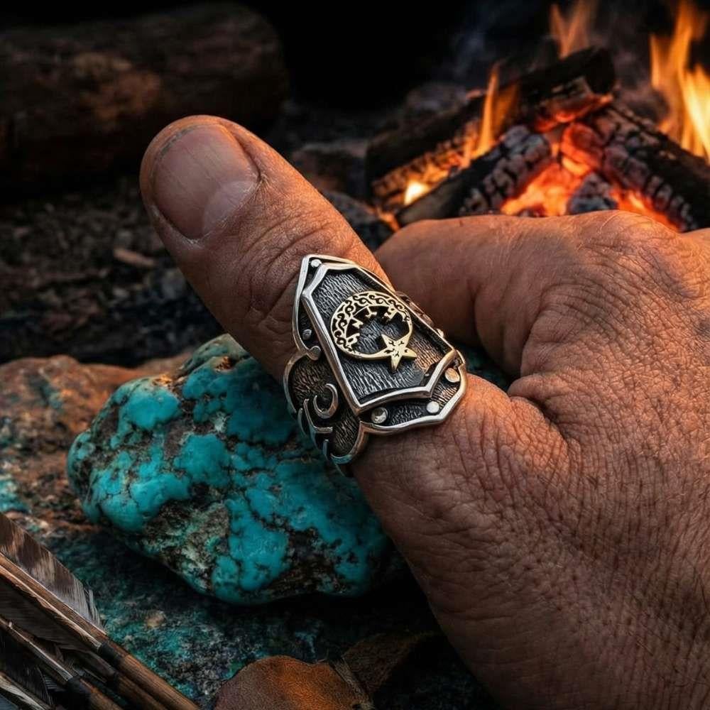 Ay Yıldız Göktürkçe Türk Yazılı Okçu Gümüş YüzükBaşparmak & Zihgir Yüzükleri