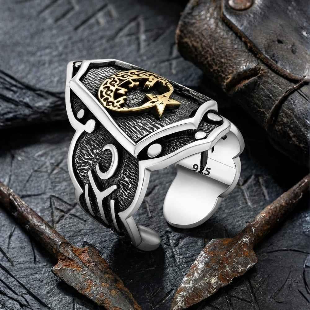 Ay Yıldız Göktürkçe Türk Yazılı Okçu Gümüş YüzükBaşparmak & Zihgir Yüzükleri
