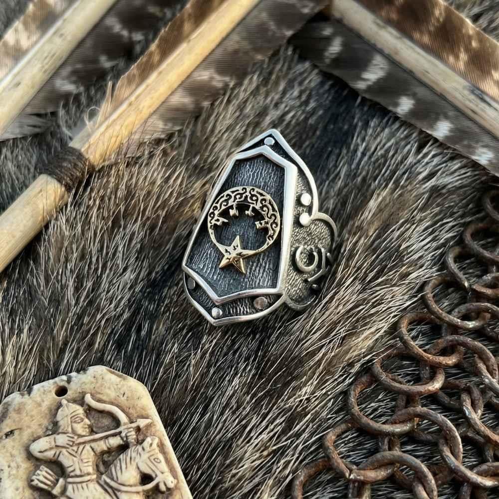 Ay Yıldız Göktürkçe Türk Yazılı Okçu Gümüş YüzükBaşparmak & Zihgir Yüzükleri