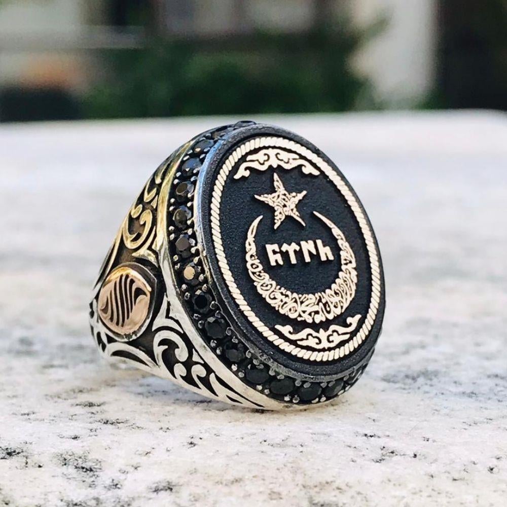 Ay Yıldız İçerisi Göktürkçe Türk İşlemeli Gümüş Erkek Yüzük