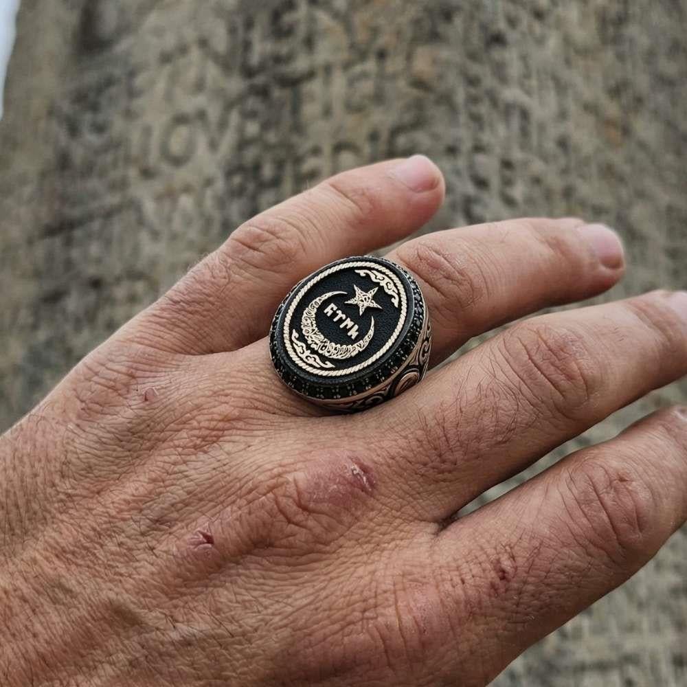 Ay Yıldız İçerisi Göktürkçe Türk İşlemeli Gümüş Erkek YüzükAy Yıldız Yüzükler